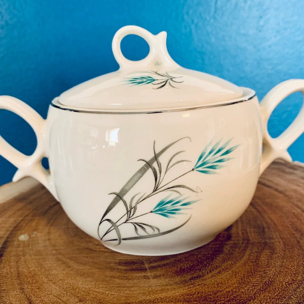 Vintage Canonsburg Teal/Grey Wheat Creamer & Sugar - Picture 4 of 10